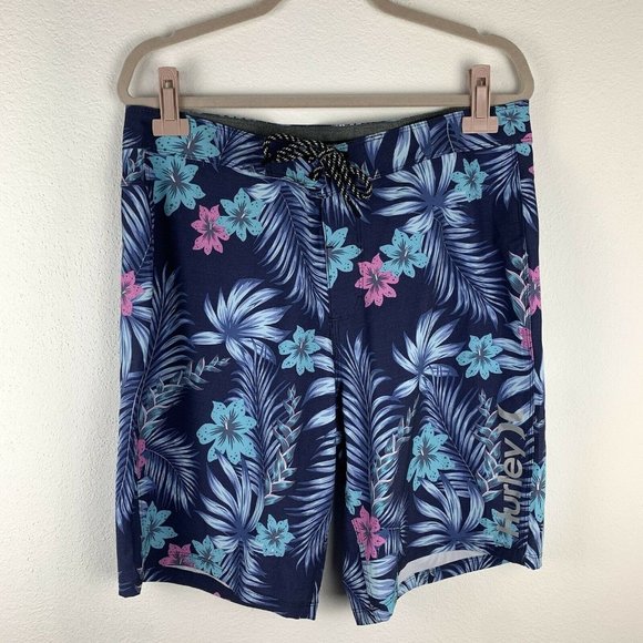 Hurley Men's 34 Blue Floral Print Tropical Swim Trunks Board Shorts Cargo